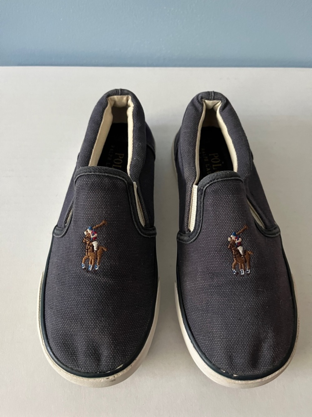 Polo by Ralph Lauren Navy Canvas Kids Slip-On Sneakers with Pony Embroidery